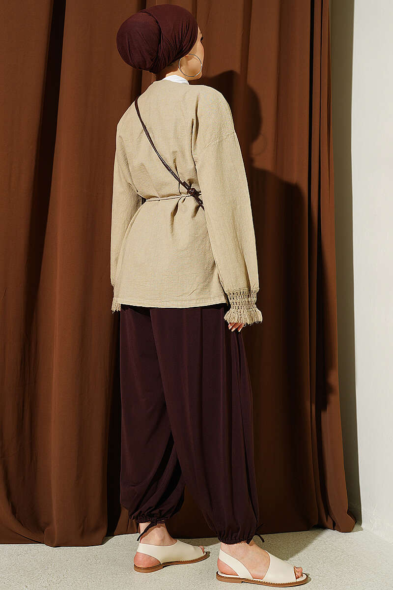 Linen Kimono with Tasselled Cuffs - Beige