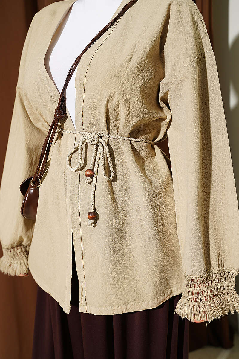 Linen Kimono with Tasselled Cuffs - Beige