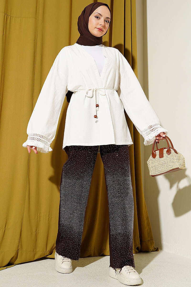 Linen Kimono with Tasselled Cuffs - Ecru