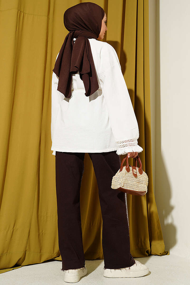 Linen Kimono with Tasselled Cuffs - Ecru