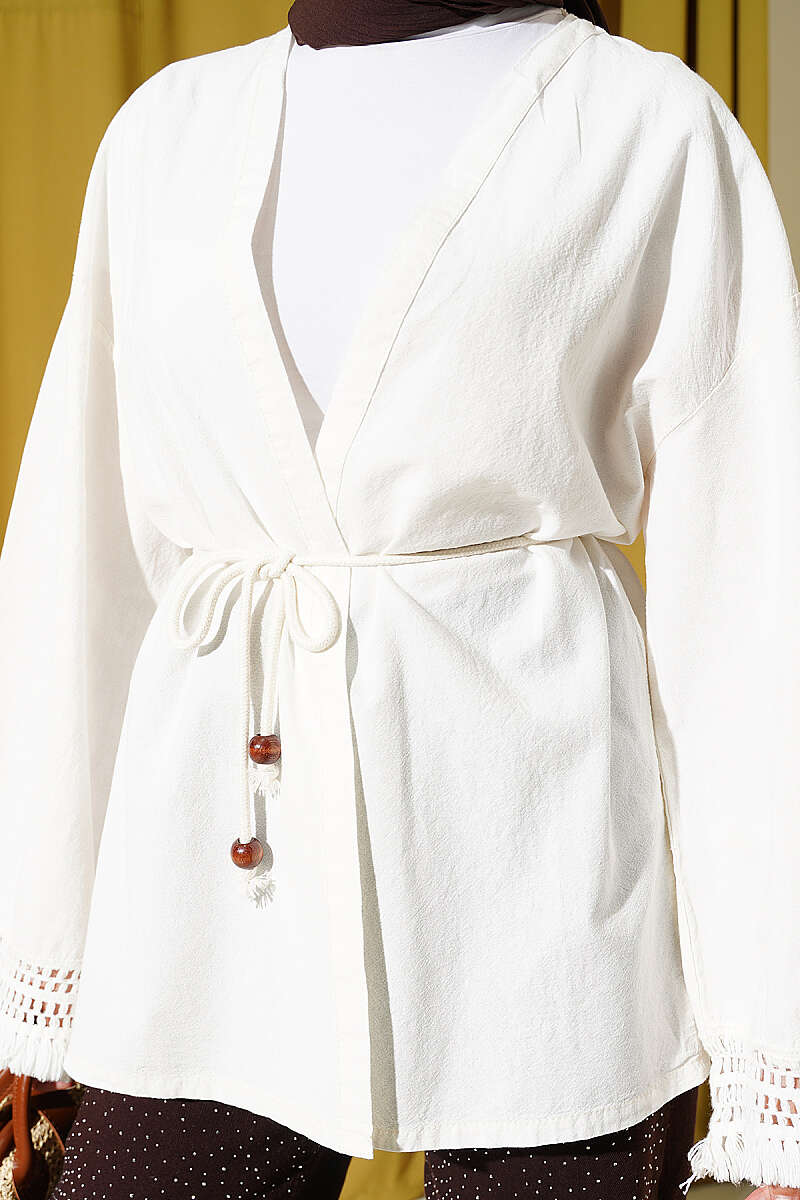 Linen Kimono with Tasselled Cuffs - Ecru