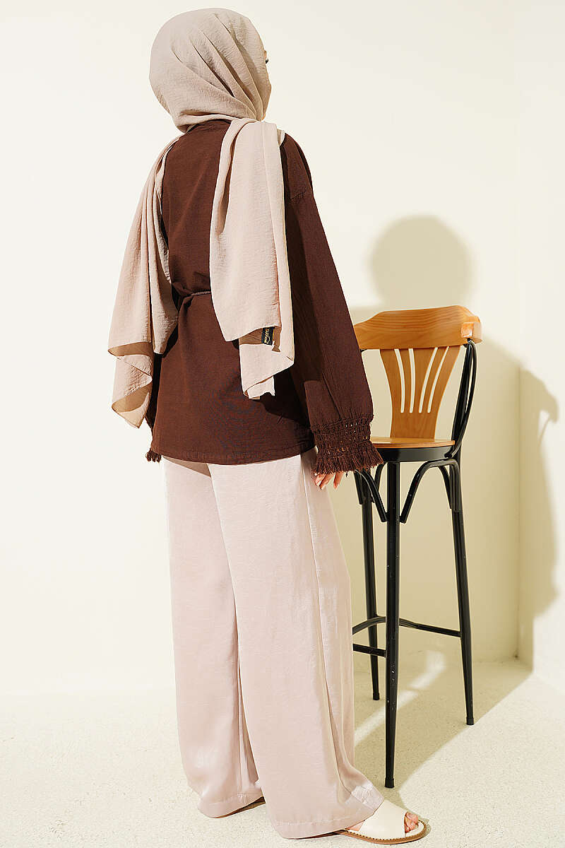 Linen Kimono with Tasselled Cuffs - Brown
