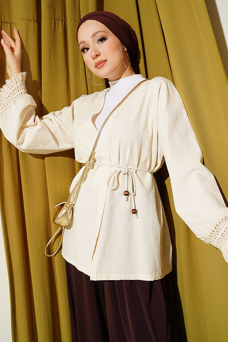 Linen Kimono with Tasselled Cuffs - Bone