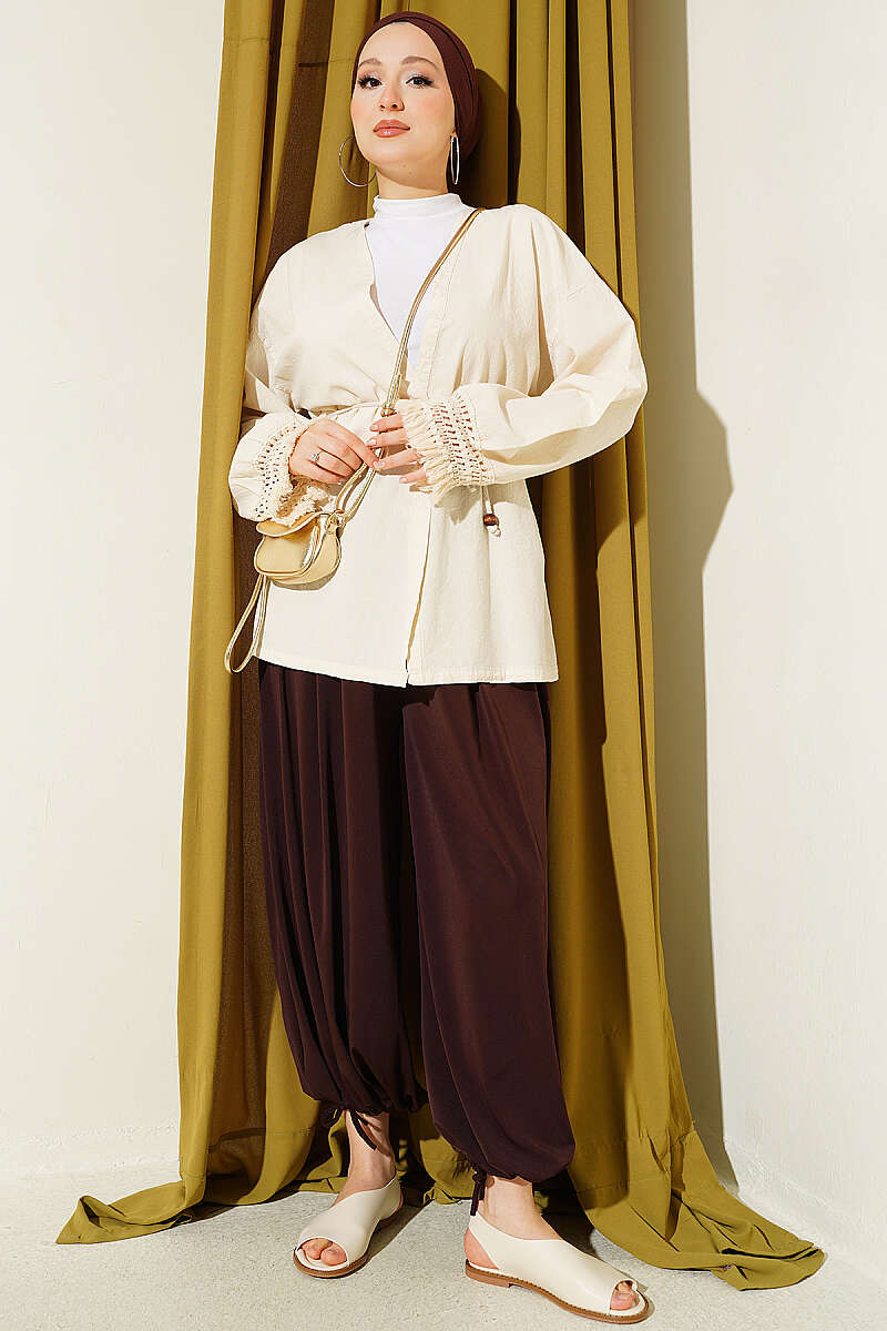 Linen Kimono with Tasselled Cuffs - Bone