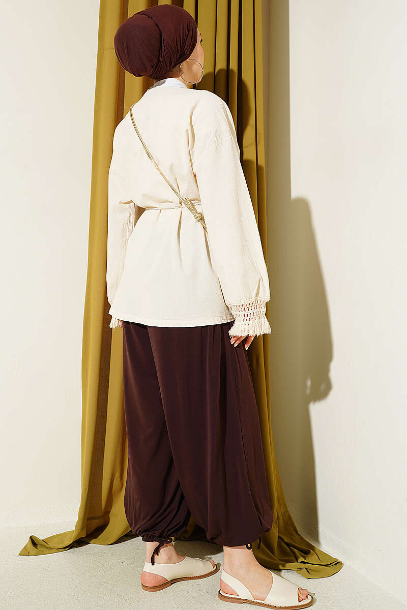 Linen Kimono with Tasselled Cuffs - Bone
