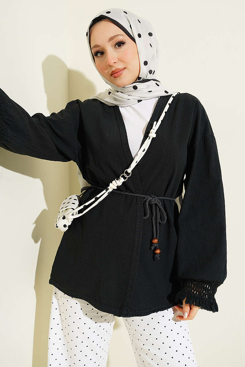 Linen Kimono with Tasselled Cuffs - Black