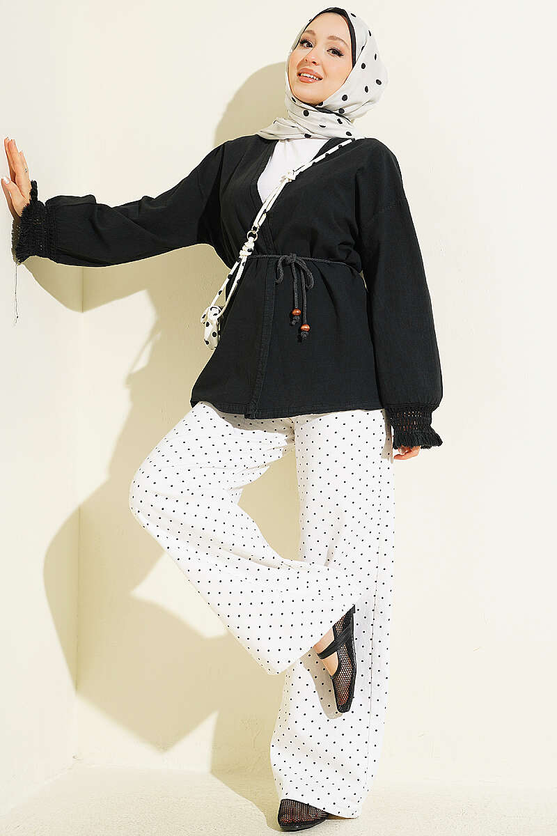 Linen Kimono with Tasselled Cuffs - Black