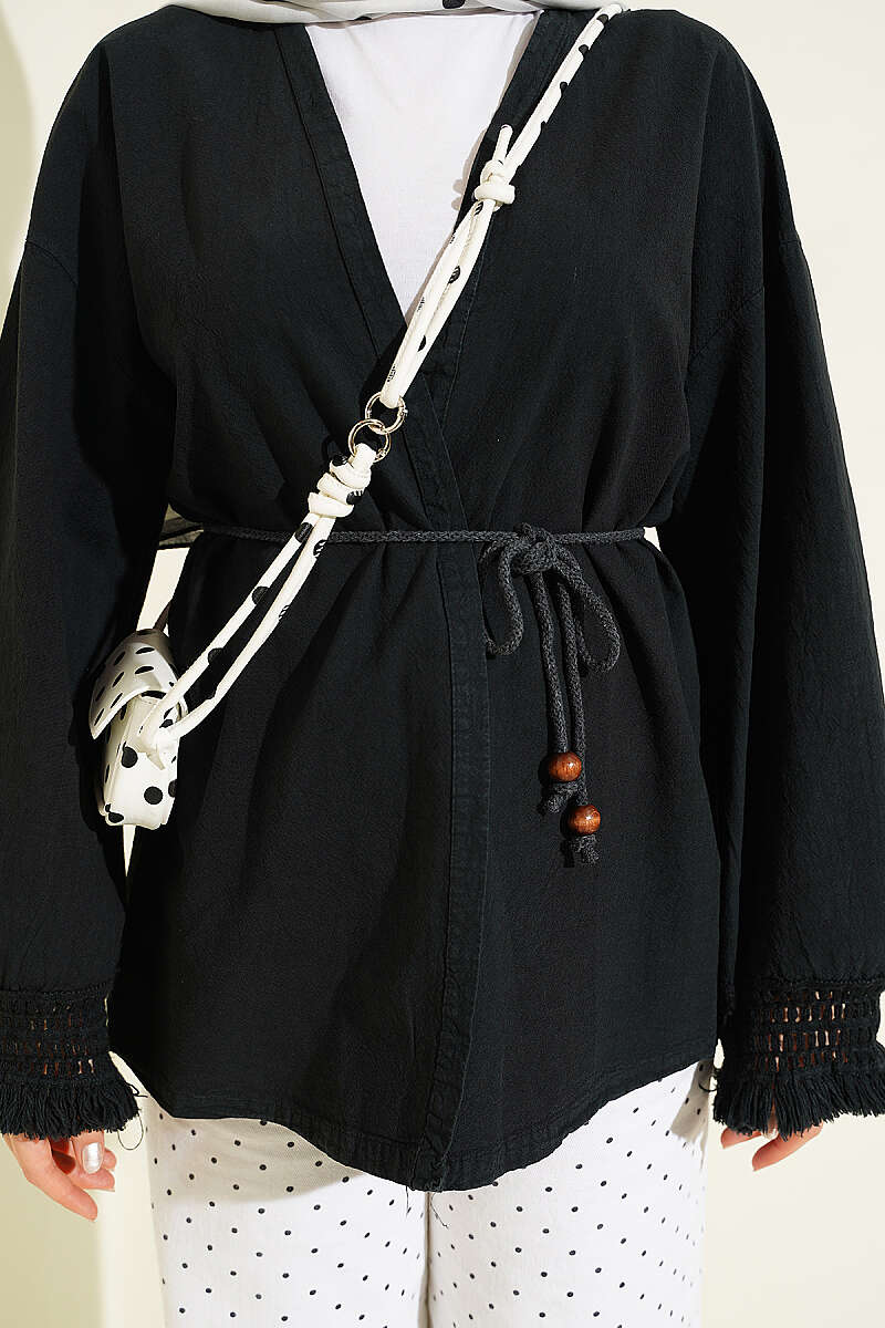 Linen Kimono with Tasselled Cuffs - Black