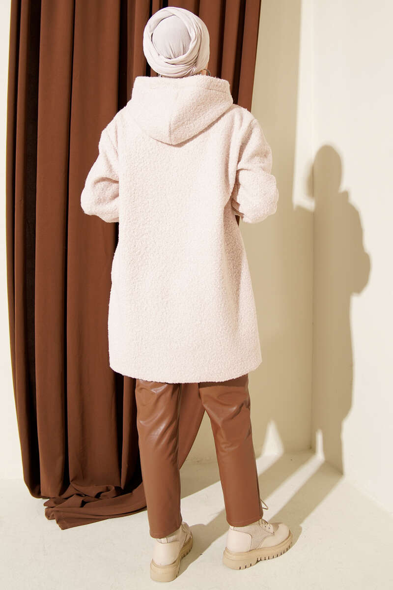 Bouclé Zip Cardigan with Ribbed Cuffs - Beige