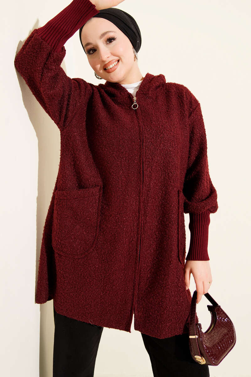 Bouclé Zip Cardigan with Ribbed Cuffs - Burgundy