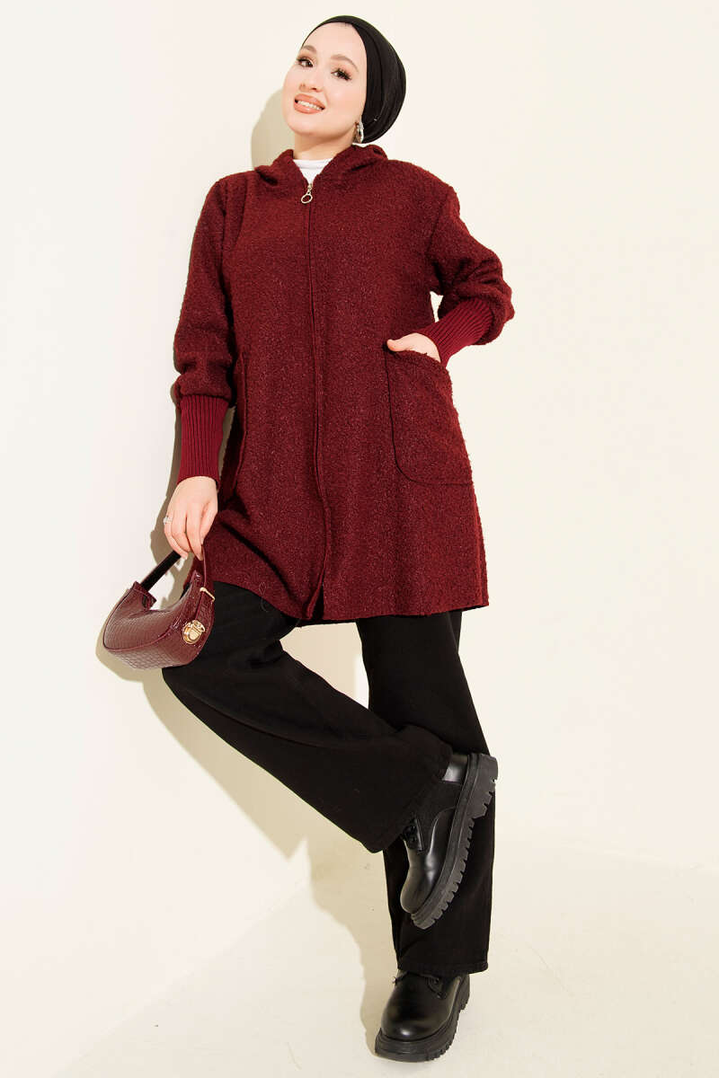 Bouclé Zip Cardigan with Ribbed Cuffs - Burgundy