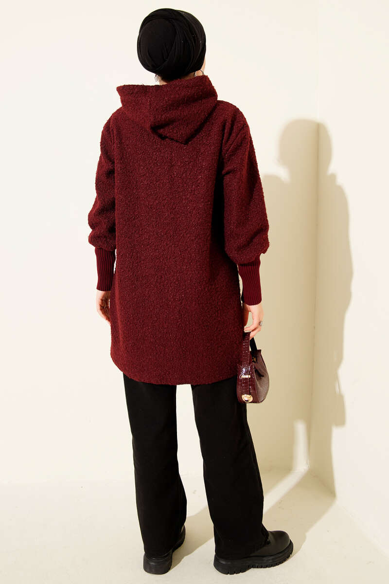 Bouclé Zip Cardigan with Ribbed Cuffs - Burgundy