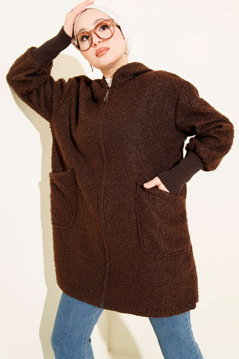 Bouclé Zip Cardigan with Ribbed Cuffs - Brown