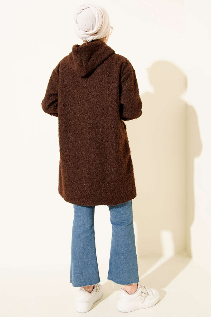 Bouclé Zip Cardigan with Ribbed Cuffs - Brown