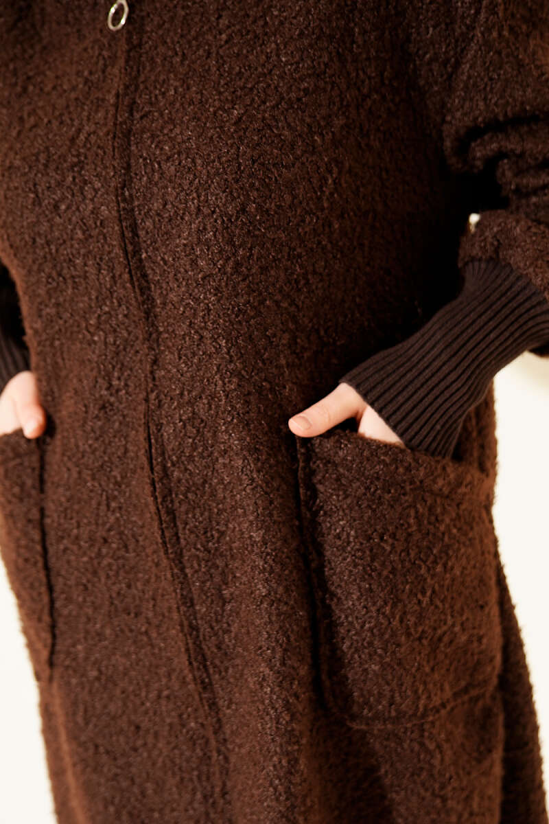 Bouclé Zip Cardigan with Ribbed Cuffs - Brown