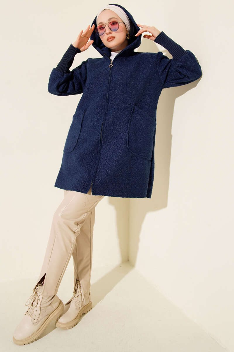 Bouclé Zip Cardigan with Ribbed Cuffs - Navy
