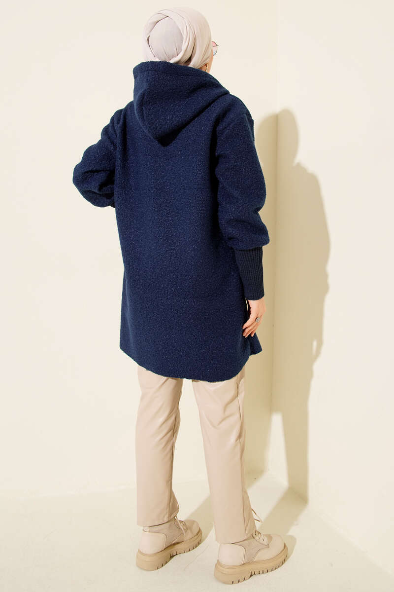 Bouclé Zip Cardigan with Ribbed Cuffs - Navy