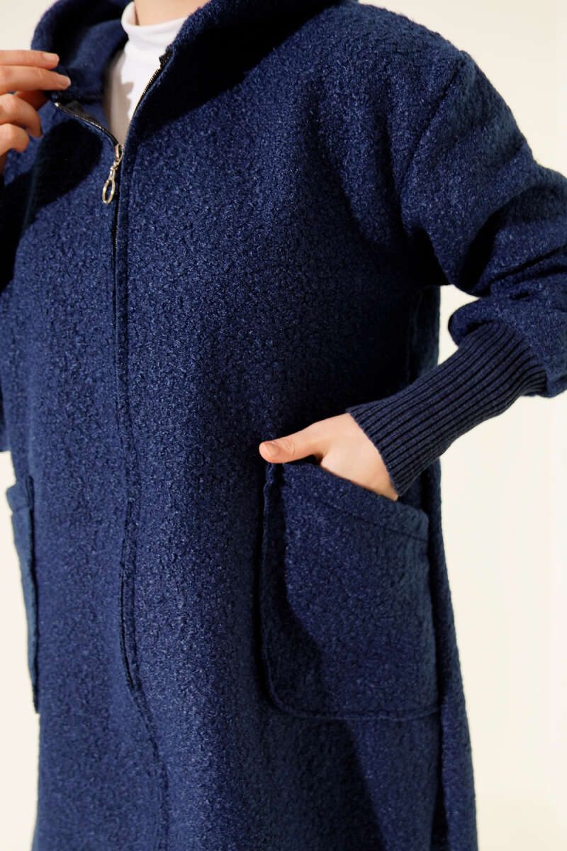 Bouclé Zip Cardigan with Ribbed Cuffs - Navy