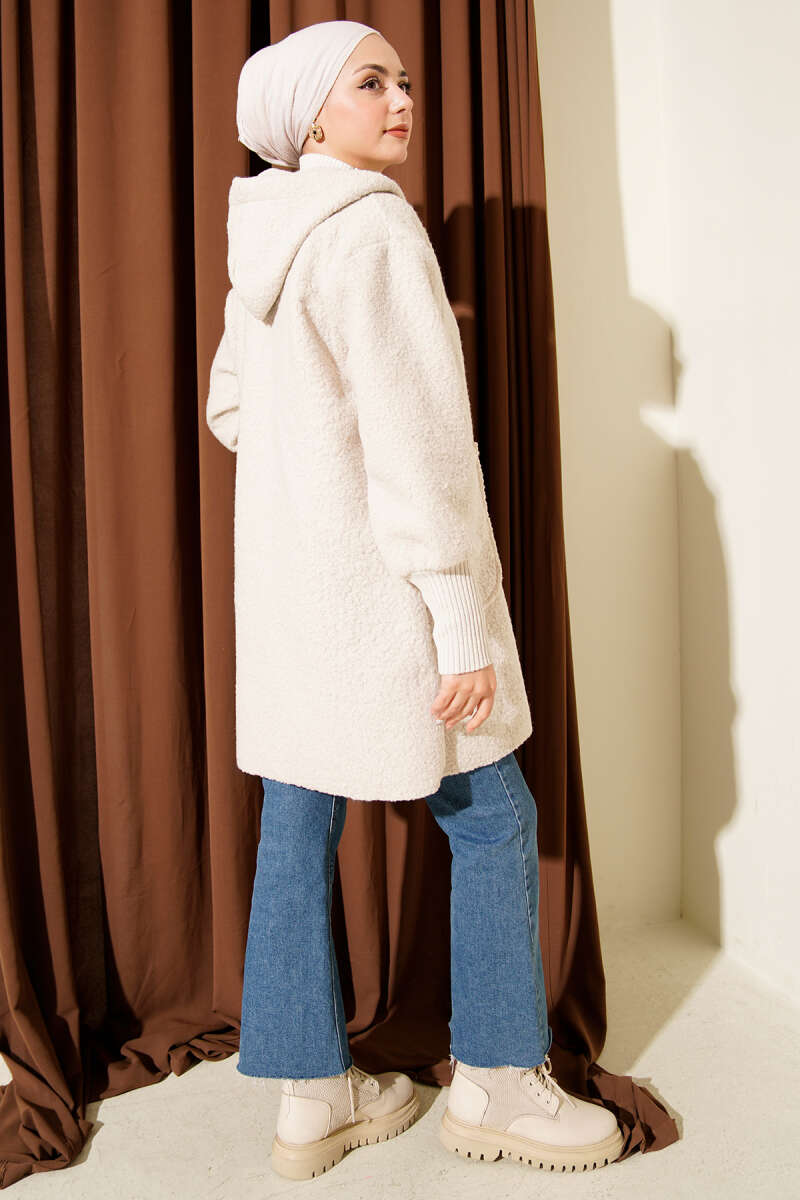 Hooded Bouclé Cardigan with Ribbed Cuffs - Beige