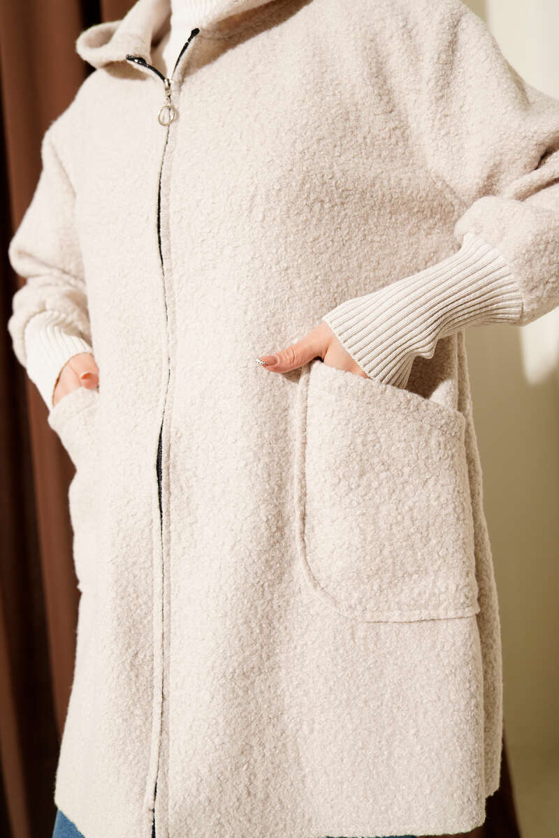 Hooded Bouclé Cardigan with Ribbed Cuffs - Beige