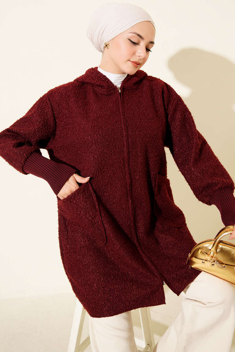 Hooded Bouclé Cardigan with Ribbed Cuffs - Burgundy