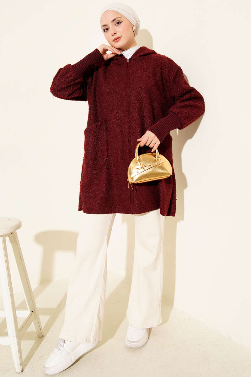 Hooded Bouclé Cardigan with Ribbed Cuffs - Burgundy