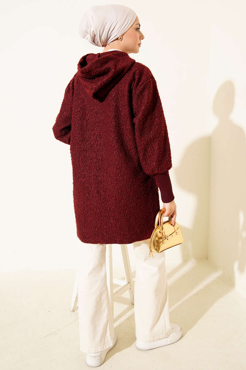 Hooded Bouclé Cardigan with Ribbed Cuffs - Burgundy