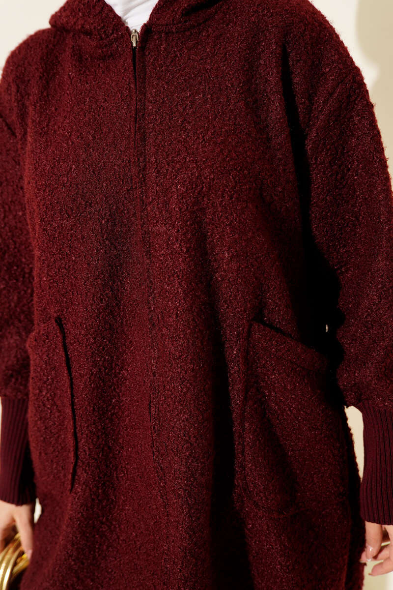 Hooded Bouclé Cardigan with Ribbed Cuffs - Burgundy