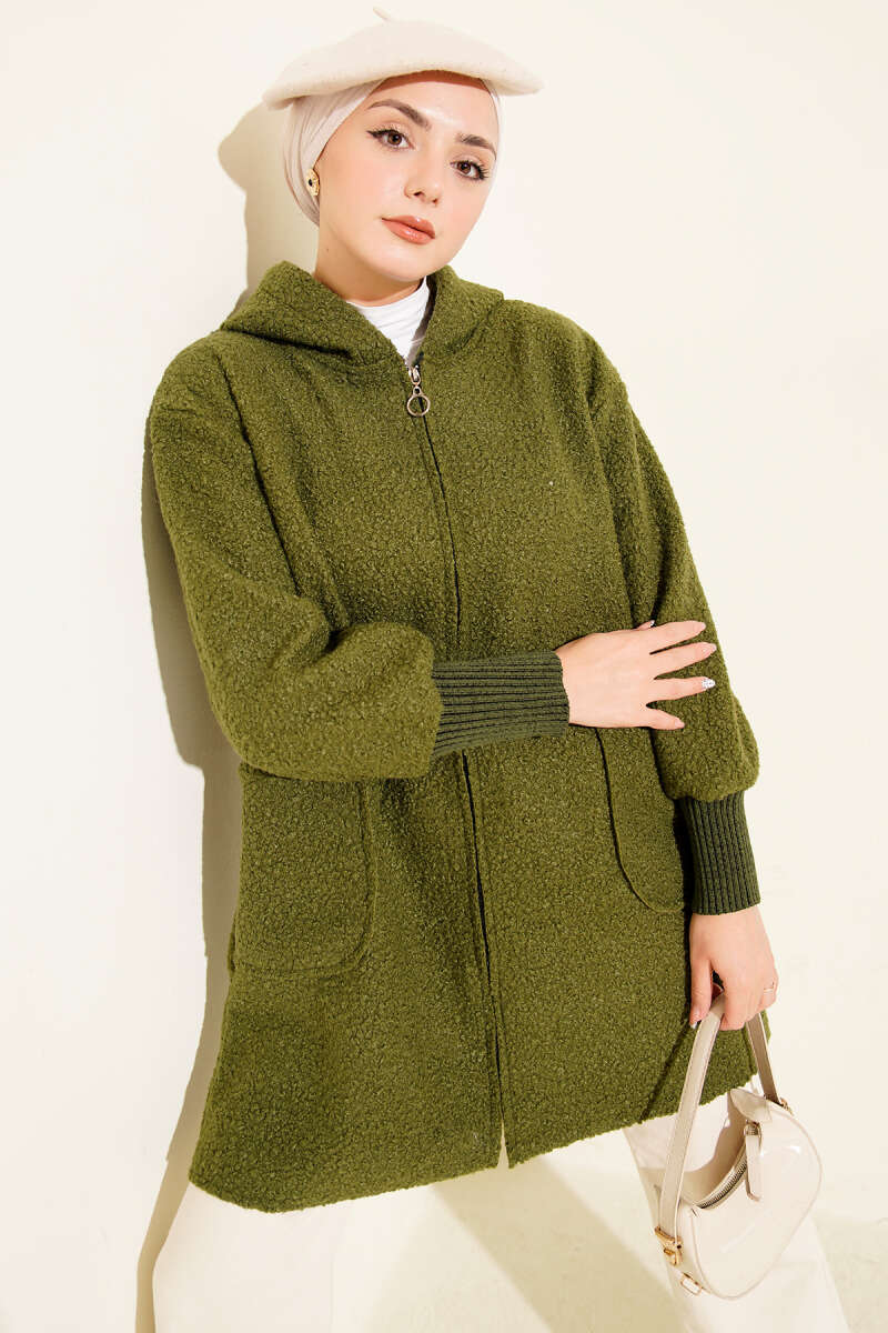 Hooded Bouclé Cardigan with Ribbed Cuffs - Khaki