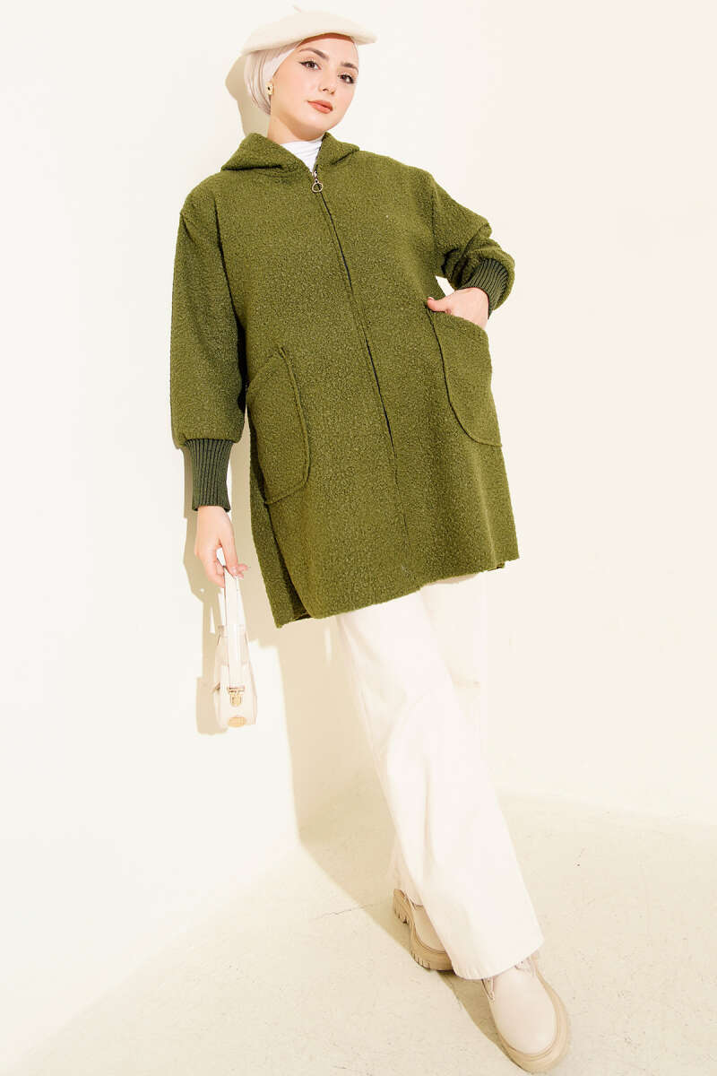 Hooded Bouclé Cardigan with Ribbed Cuffs - Khaki