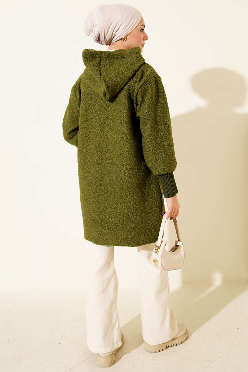 Hooded Bouclé Cardigan with Ribbed Cuffs - Khaki