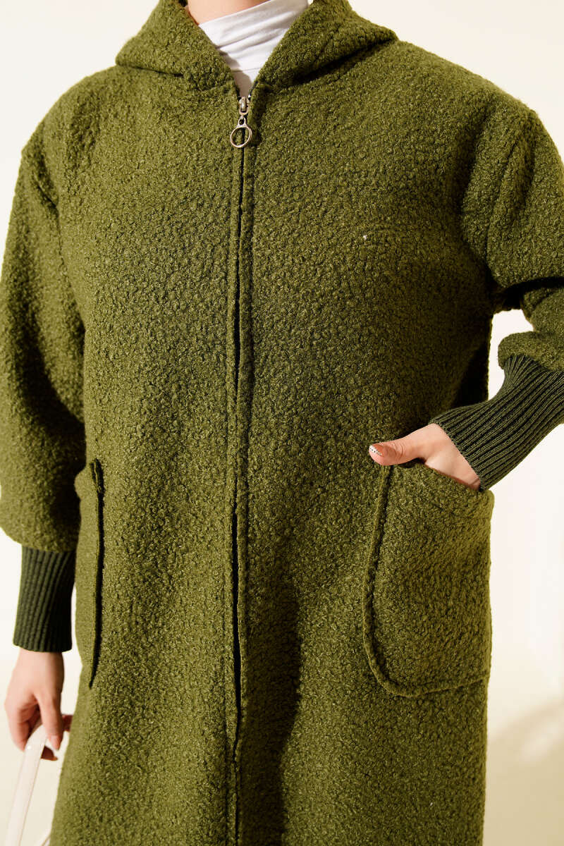 Hooded Bouclé Cardigan with Ribbed Cuffs - Khaki