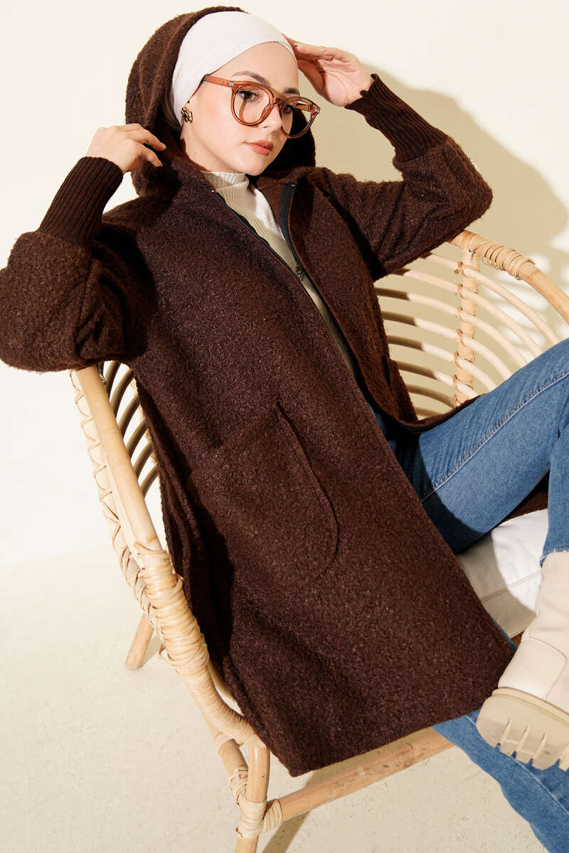 Hooded Bouclé Cardigan with Ribbed Cuffs - Brown