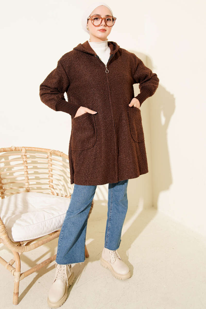 Hooded Bouclé Cardigan with Ribbed Cuffs - Brown