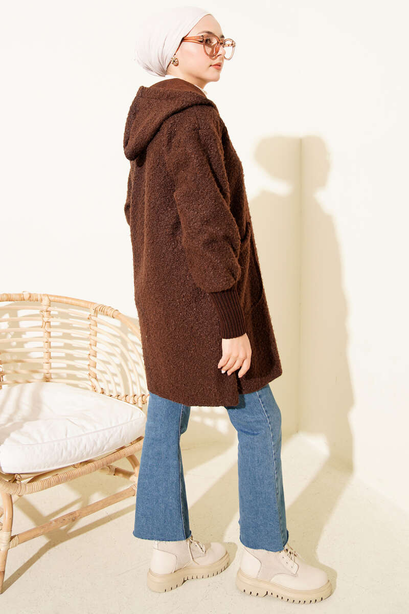 Hooded Bouclé Cardigan with Ribbed Cuffs - Brown