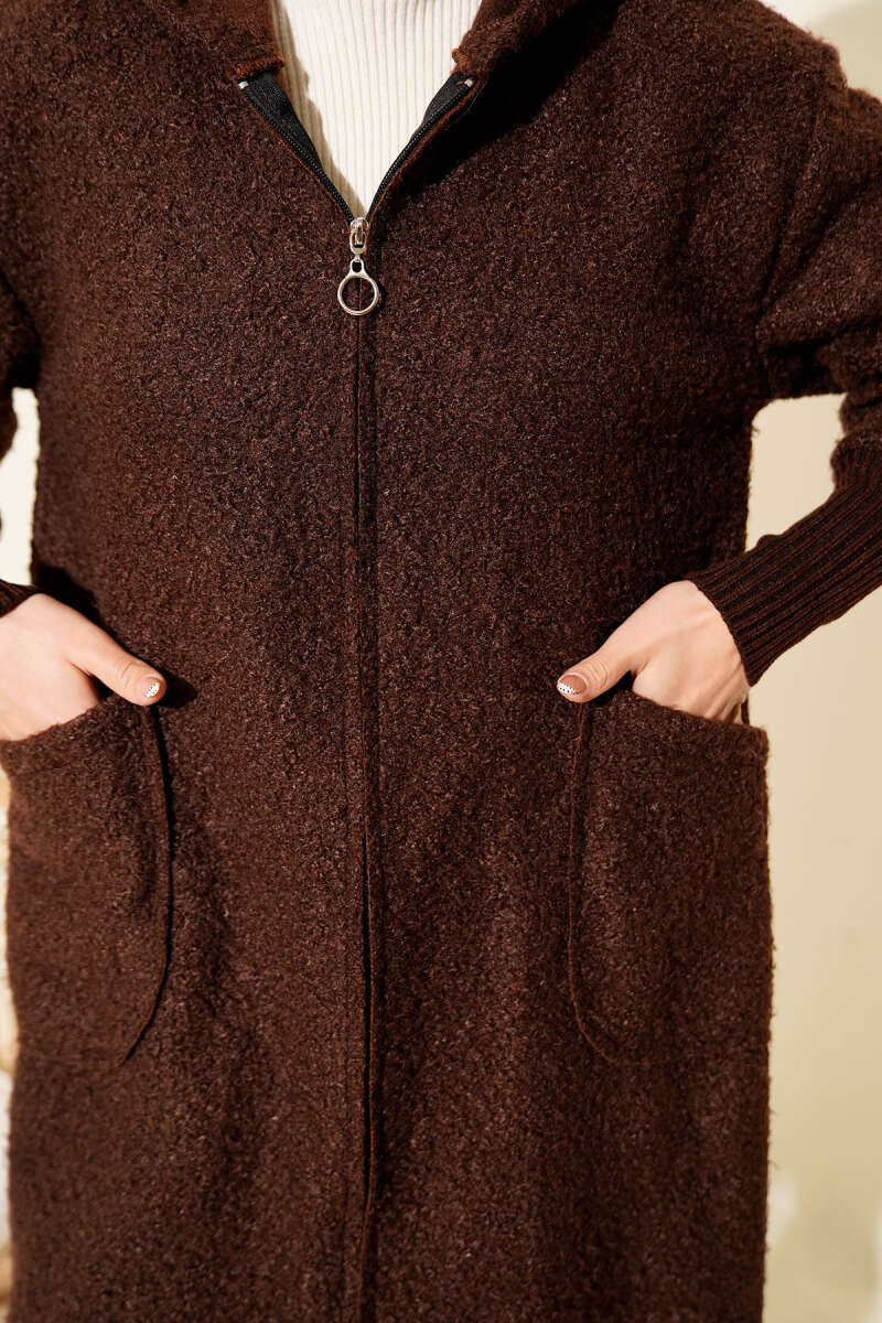 Hooded Bouclé Cardigan with Ribbed Cuffs - Brown
