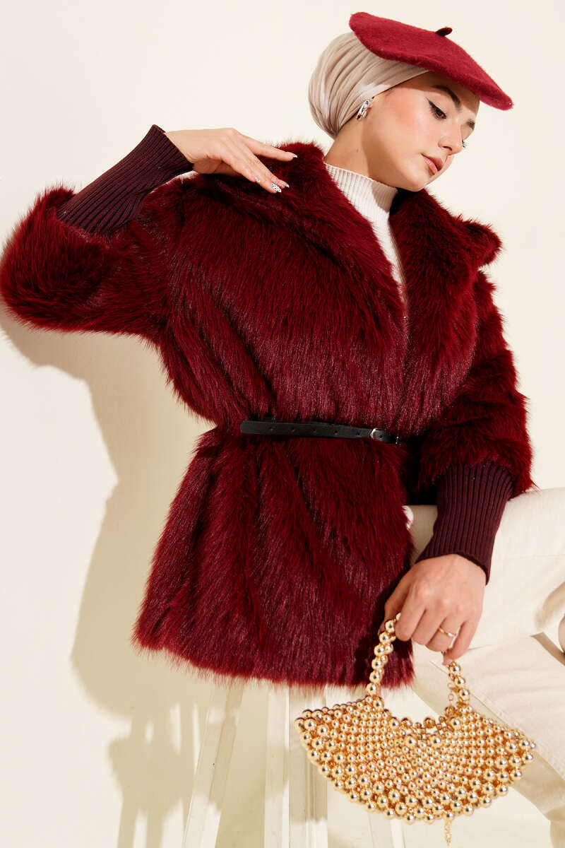 Faux Fur Coat with Ribbed Cuffs - Burgundy