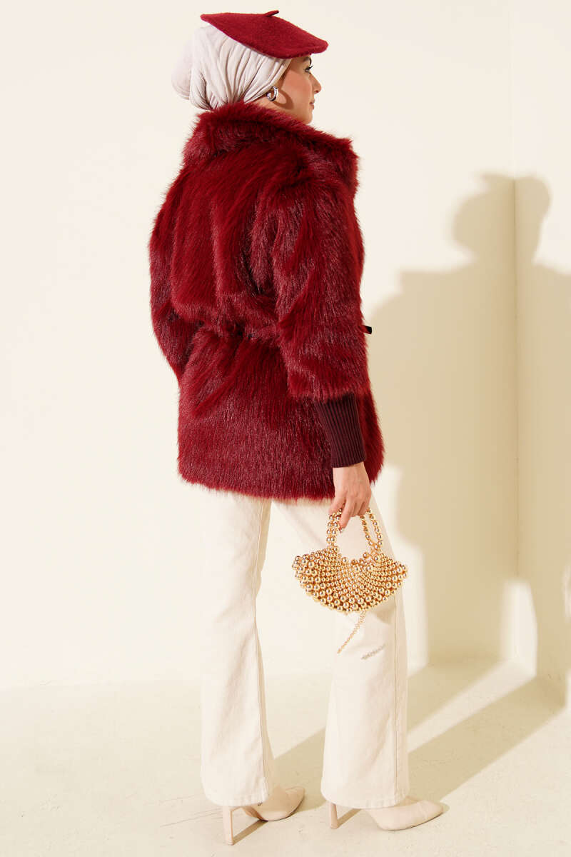 Faux Fur Coat with Ribbed Cuffs - Burgundy