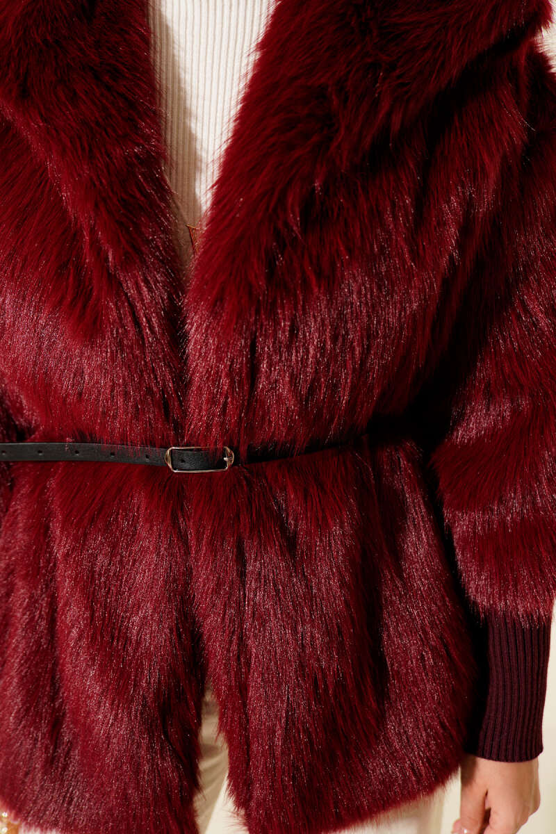 Faux Fur Coat with Ribbed Cuffs - Burgundy