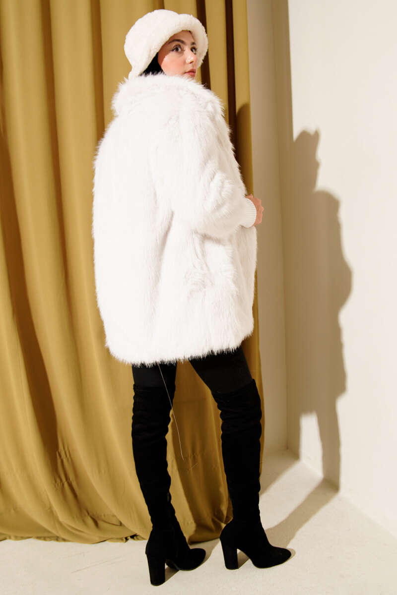 Faux Fur Coat with Ribbed Cuffs - Ecru
