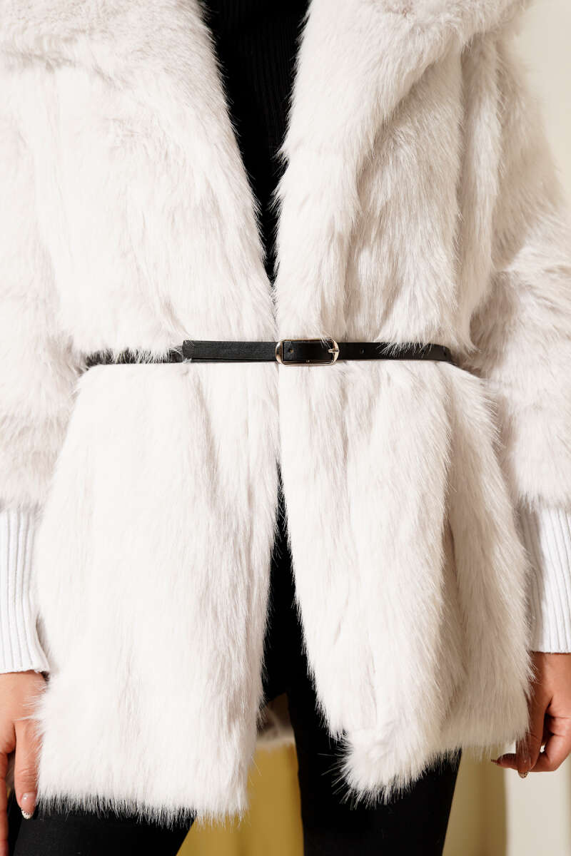 Faux Fur Coat with Ribbed Cuffs - Ecru