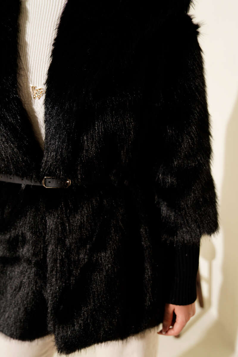 Faux Fur Coat with Ribbed Cuffs - Black
