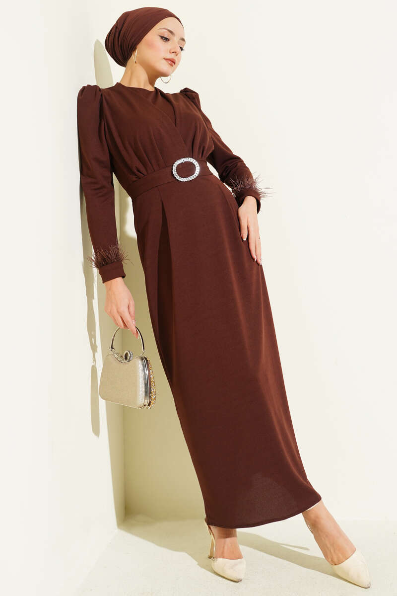 Belted Evening Dress with Feather Cuffs - Brown