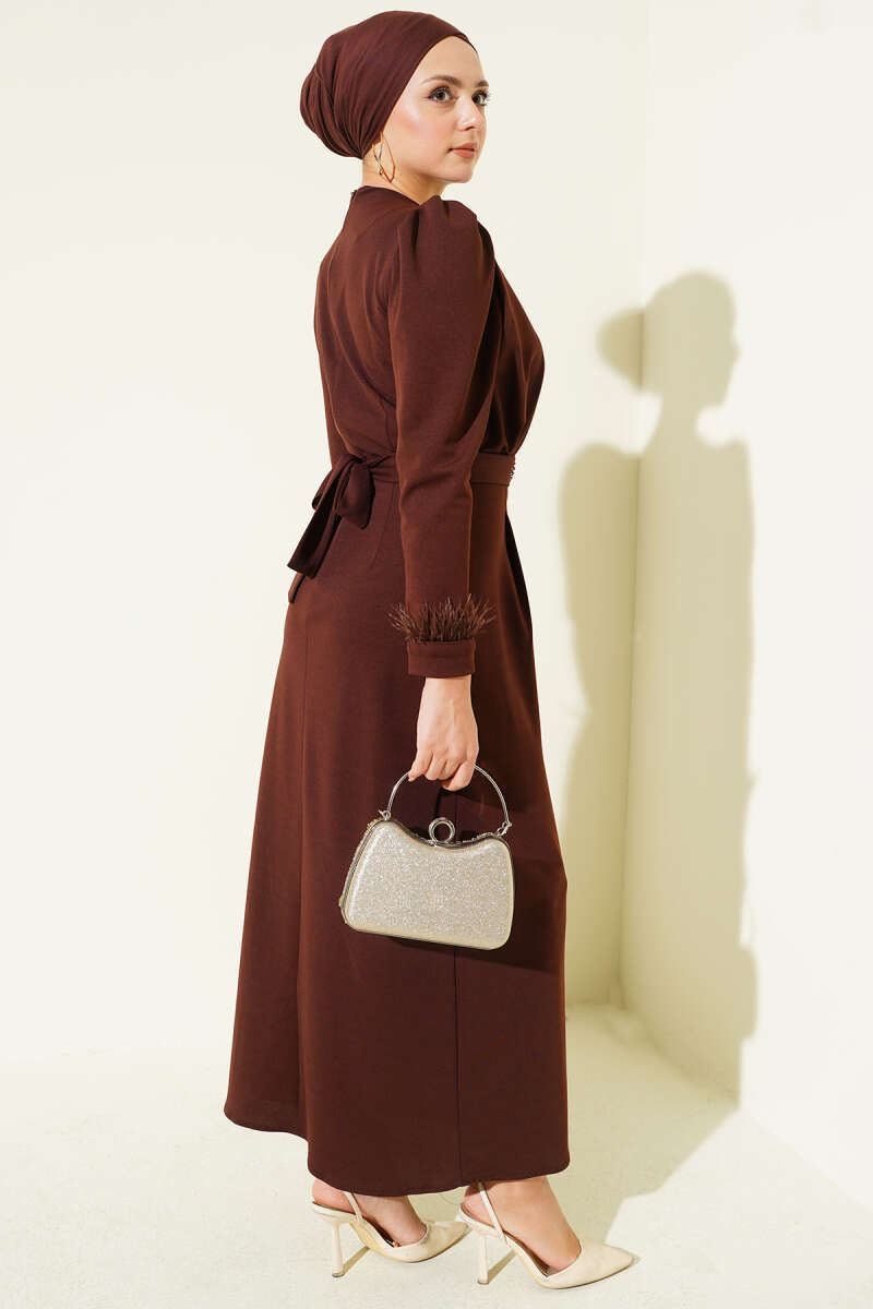 Belted Evening Dress with Feather Cuffs - Brown