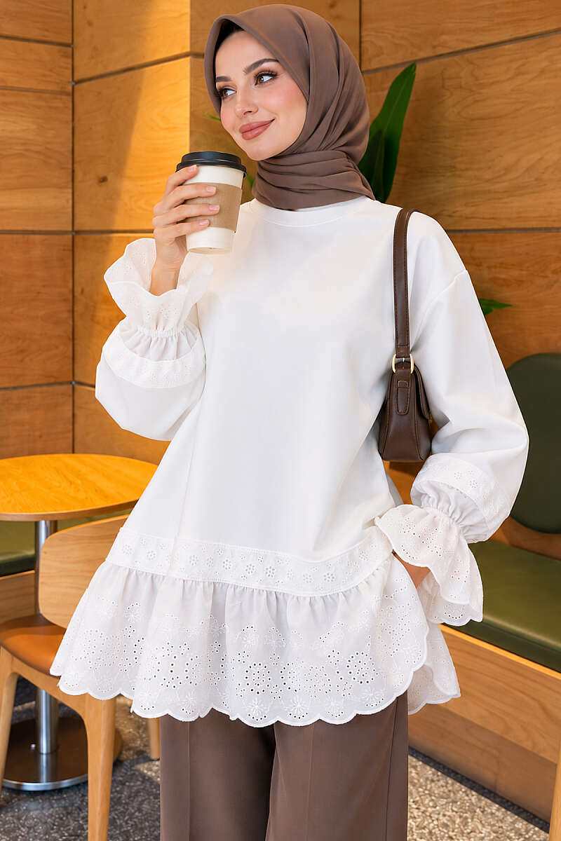Scuba Tunic with Lace Cuffs and Hem - White