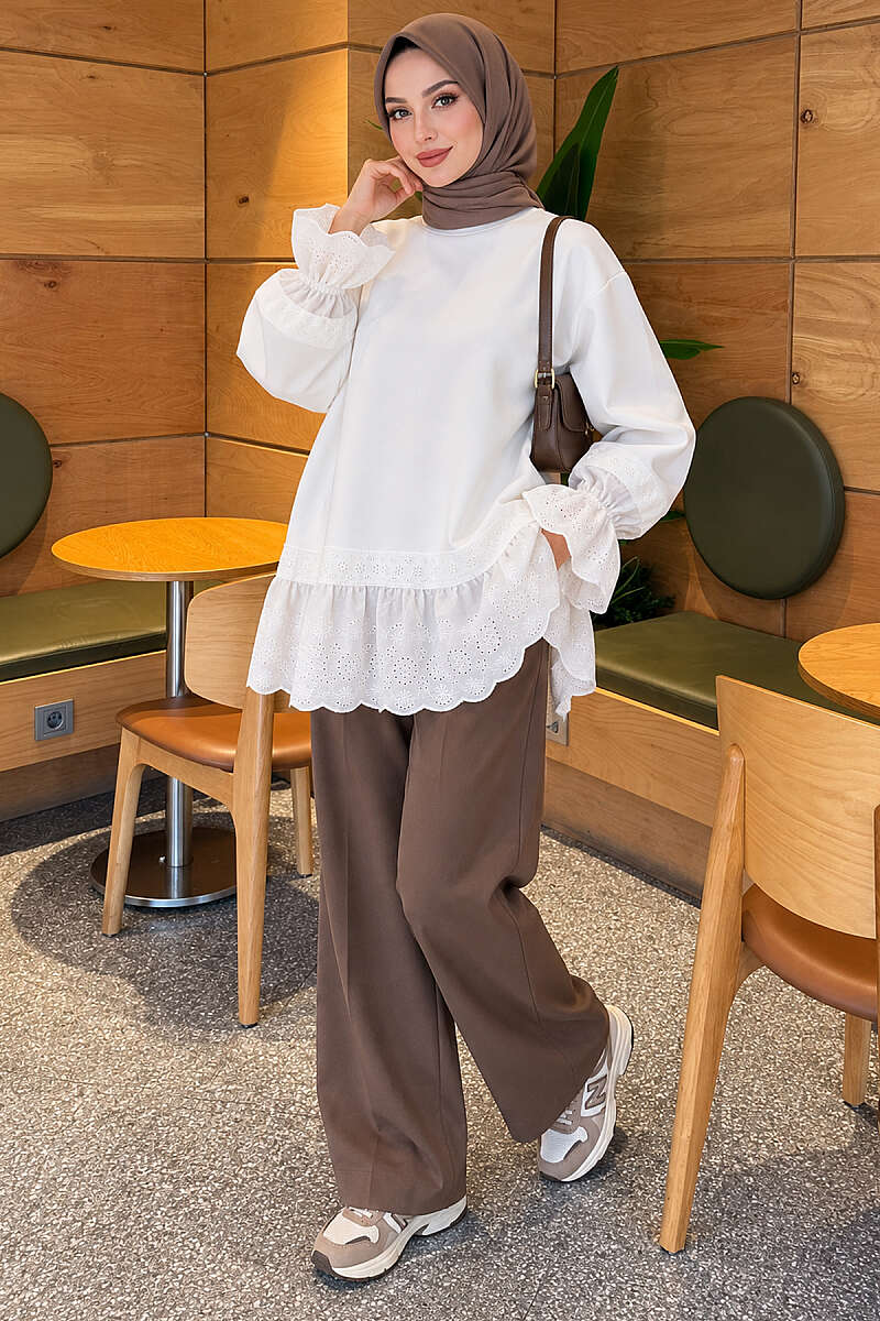 Scuba Tunic with Lace Cuffs and Hem - White