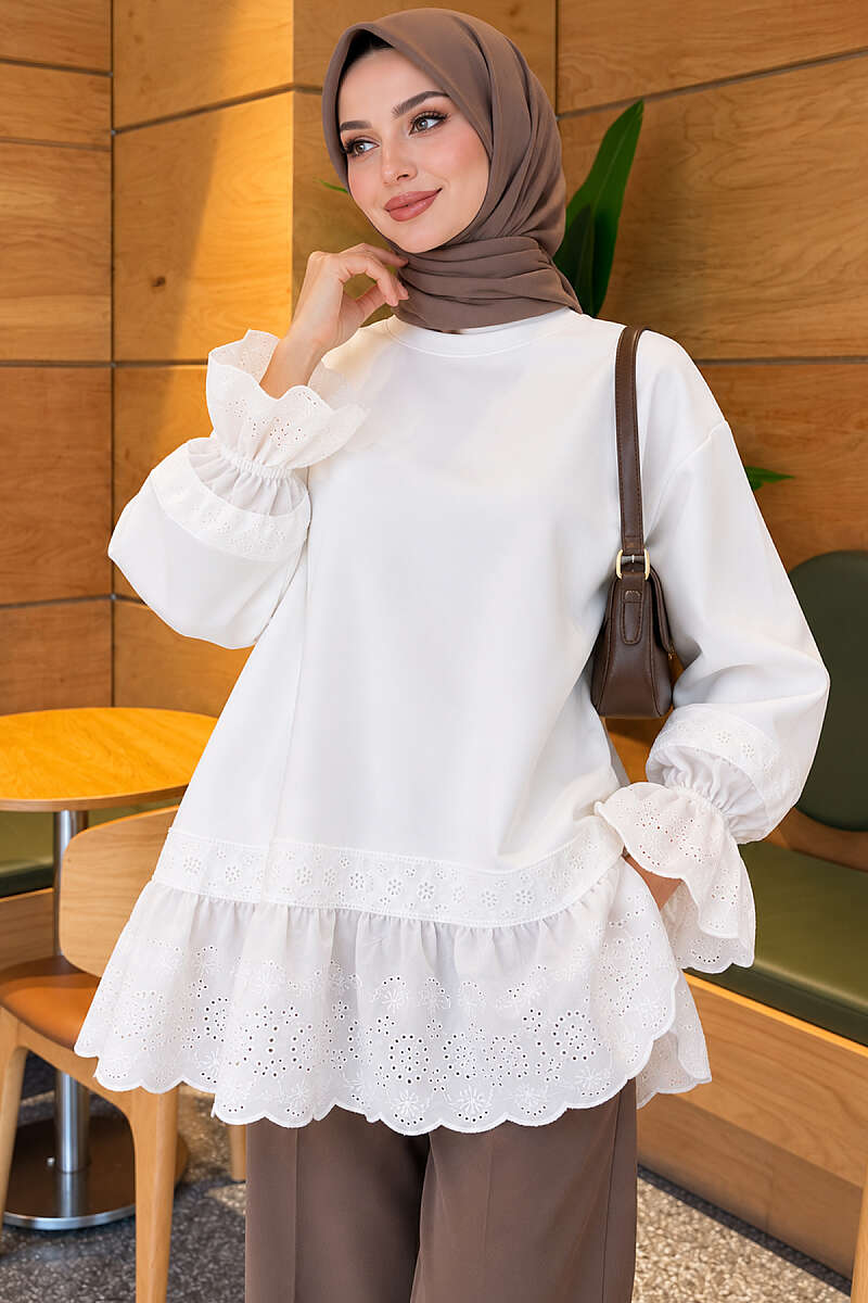 Scuba Tunic with Lace Cuffs and Hem - White