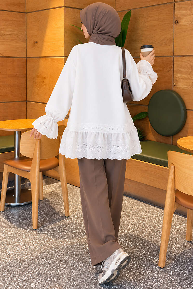 Scuba Tunic with Lace Cuffs and Hem - White