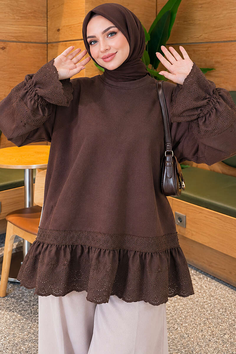 Scuba Tunic with Lace Cuffs and Hem - Brown