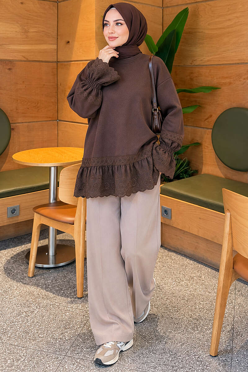 Scuba Tunic with Lace Cuffs and Hem - Brown